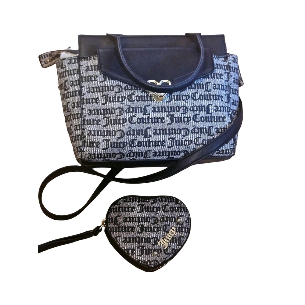 Juicy Couture Monogram Satchel Crossbody Bag with Heart Coin Purse Black Grey